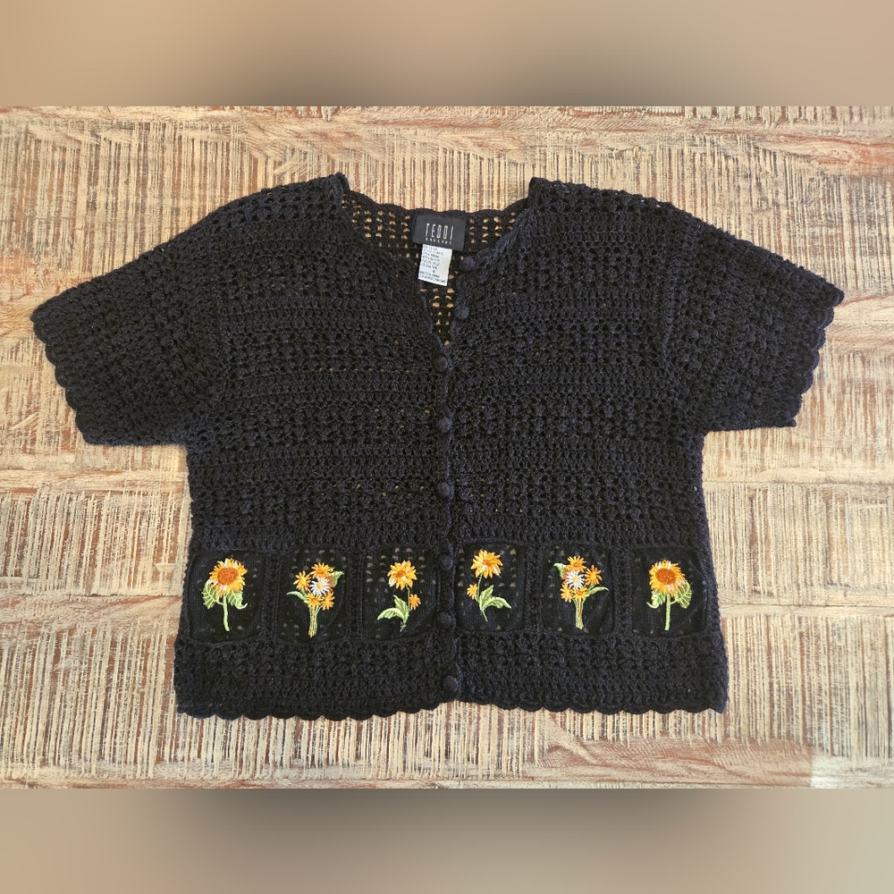 Black Crochet Button Down Top